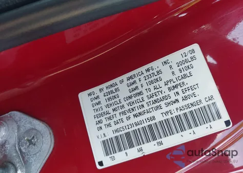 2009 Honda Accord 2.4 Lx-S z USA, uszkodzony, nr VIN 1HGCS12319A011568